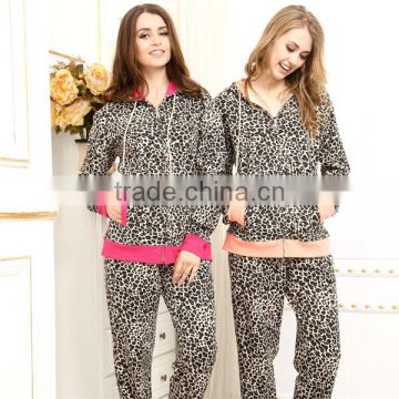 Custom women fancy leopard pajamas with hood cvc french terry winter design pajamas for women