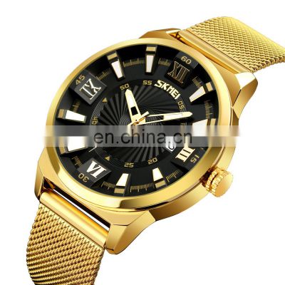 Luxury SKMEI 9166 Gold Plated Mens Watches Japan Movement Stainless Steel Quartz Wristwatch