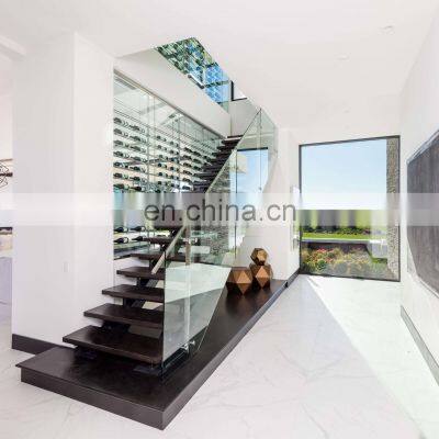 Mono stringer staircase Glass railing wooden step stairs for sale