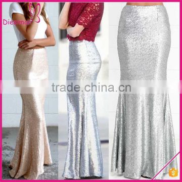 Hot selling fashion solid color silver sequin skirt sequin maxi skirt for women