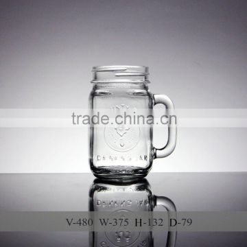 embossed manson jar with handle 16oz, wide mouth glass mason food jar