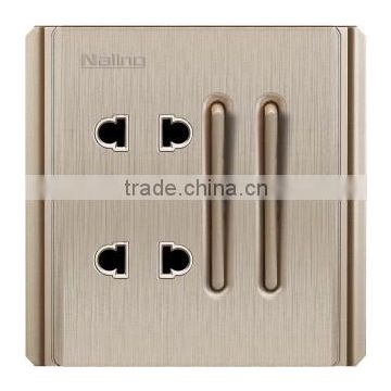 Naling brushed champagne 2 gang 1 way thin button electrical switch with double 2 pin wall socket