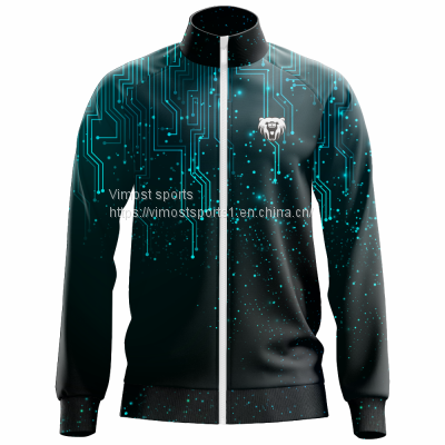 Custom Sublimation Jacket of Black and Blue Colors with White Zipper from China