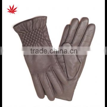2016 ladies simple brown leather gloves with elastic cuff for wholesale