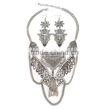 Unisex fashion alloy rhinestone chain statement necklace earring jewelry sets