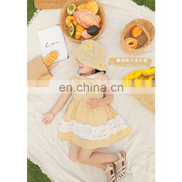 X1282/High quality cute baby girls plaid yellow lace dress korean fashion patchwork kids clothing