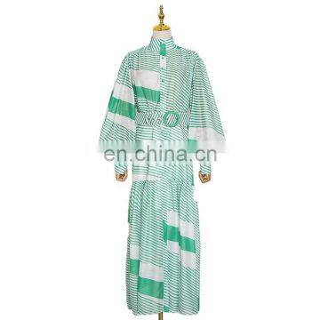 TWOTWINSTYLE Women Dress Patchwork Irregular Striped Stand Collar Lantern Sleeve High Waist With Sashes