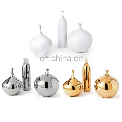 Luxury Round Shape Gold And Silver And White Table Ceramic Porcelain Vase For Home Decoration