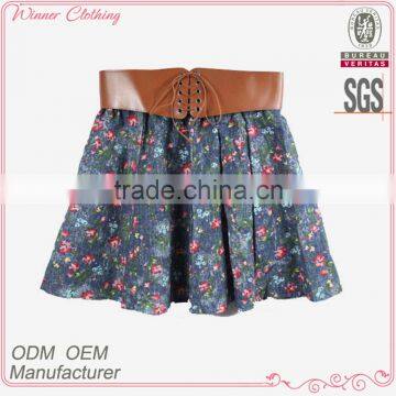2016 Latest Design Floral Print Leather Waist Beautiful Girls In Short Skirts