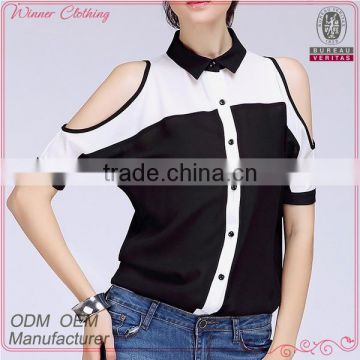 2015 summer new design new feeling front open Off the Shoulde sleeve fashion blouse with mandarin collar