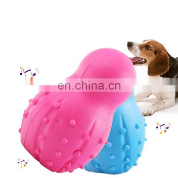 Durable 3 colors pink blue green rubber dog ball bell inside toy for dog molar cleaning