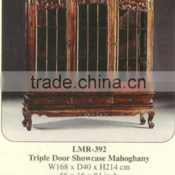 Triple Door Showcase Mahogany Indoor Furniture Antique Reproduction.