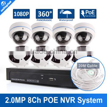 8PCS 2.0MP Dome Fisheye IP Camera IR 10M Panaramic View 8CH CCTV Surveillance Security System