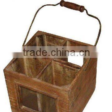 shallow vintage wooden basket with handles