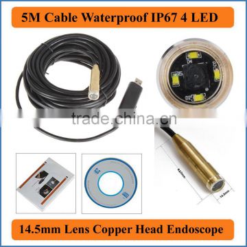 5M USB Cable Length Waterproof IP67 4 LEDs 14.5mm Lens Endoscope Inspection camera Copper head Borescope Microscope Loupe