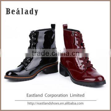 Made in china safety bright oil patent leather ankle boots shoes without lace