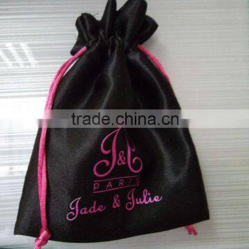 large black drawstring satin garment bag with logo