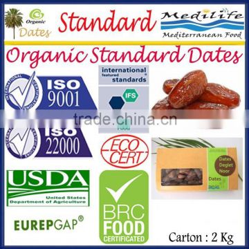 Organic Standard Dates, Standard Tunisian High Quality Dates "Deglet Noor" Category, Organic Standard Dates Fruit 2 Kg Carton