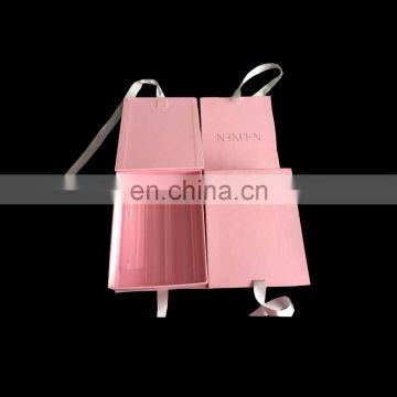High quality ribbon folding box with custom logo and pvc lid