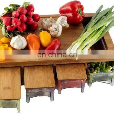 Large Size Organic Bamboo cutting board 4 Tray Plastic Drawers Chopping Board With containers Compartment Storage Bamboo Lids