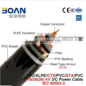 Cu/XLPE/Cts/PVC/Sta/PVC Power Cable 18/30(36)Kv 3/C IEC 60502-2