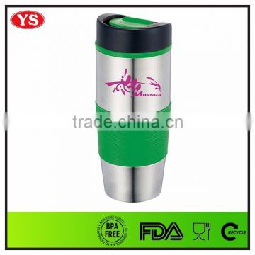 16 ounce stainless steel insulated travel mug with push lid and band