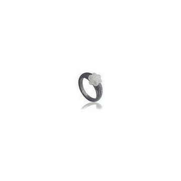 Woman Black Ceramic Silver Ring With Flower , Rhodium Plated # 50 - # 60 CSR0489