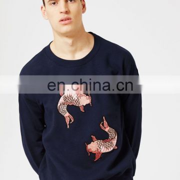 Mens crew neck drop shoulder embroidered fish patch detail sweatshirt