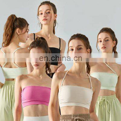 Women Gym Fitness Sexy Adjustable Removeable Thin Straps Yoga Tube Top Halter Neck One Shoulder Multi-Way Wearing Sports Bra