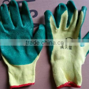 10 gauge yellow cotton yarn green latex coated gloves with wrinkle for industrial use