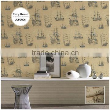 affordable printed pvc coated wallpaper, brown mediterranean sailing wall decal for baby room , import wall covering wholesaler