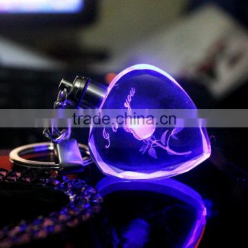 Wholesale 3D Laser Engraved Crystal Cube Keychain With Led Rose Flower Gift