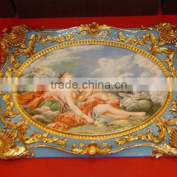 European Gilt Bronze Framed Hand Painted Ceramic Wall Mural, Luxury Home Decoration Wall Mural