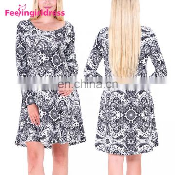Top Quality Black Flower Pattern Christmas Party Long Sleeve Knee Length Dress