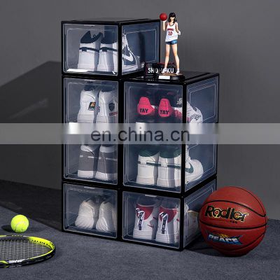 2020 good strong giant  high heels transparent shoe containers stackable  drop front  plastic clear shoe box storage organizer