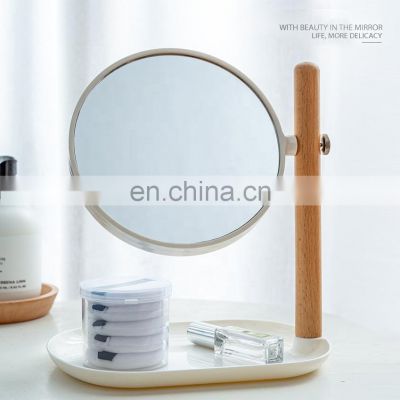 Eco-friendly natural bamboo household magnifying round makeup mirror with tray popular makeup bamboo mirror