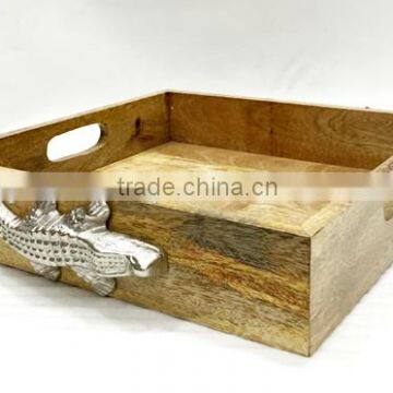 Wood Serving Tray, Designer Wooden Tea Serving Tray, Metal Wood Serving Tray