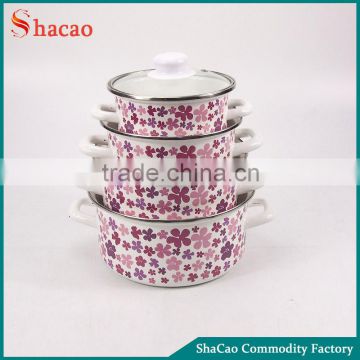 decal printed pink flower 8pcs cast iron enamel cookware set with glass lid