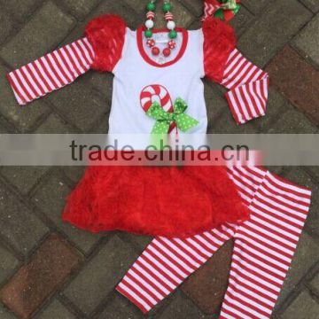 girls Christmas outfit candy cane pants sets with necklace and bow Yiwu Conice E-Commerce Firm