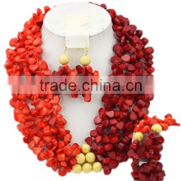 Gold-Plated Red Orange Melon Seeds Coral Beads Nigerian Jewelry Set