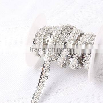 Silver color sequiens beaded bridal mesh banding thread chain lace trim