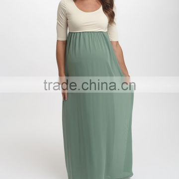New Arrivals Maternity Dresses With Sage And Ivory Color Block Maternity Scoop Neck Maxi Dress Women Wear WD80817-1