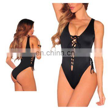 Women V Neck Lace up Bathing suit High Cut One Piece Swimsuit Monokini