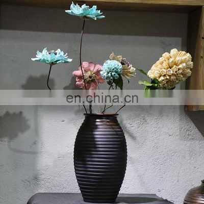 black crosswise stripes ceramic restaurant table clay flower vase for home decor