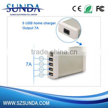 Hot selling new products for 2016 5 USB Port AC Wall Travel Charger 5V 7A output Power Adapter