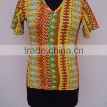 Geomtrical printed design pattern girls wear dressses / 100% hojari fabric v-neck t-shirts