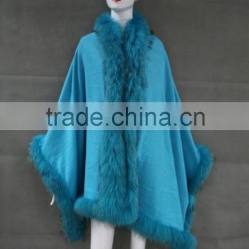 Women Winter Outwear Genuine Cashmere Raccoon Fur Trim Baby Blue Wool Cape