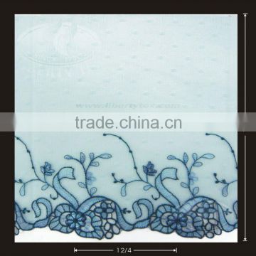 Blue Polyester embroidery lace dot mesh with Guipure
