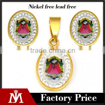 Wholesale factory stainless steel gold pendant earring religious crystal jewelry sets