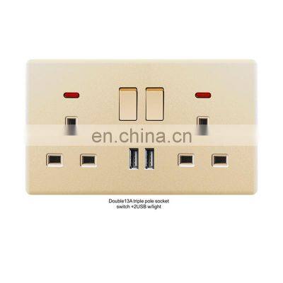 Golden flame-retardant PC panel electric wall switch socket with 2USB port dual MF 3-pin socket switch with light
